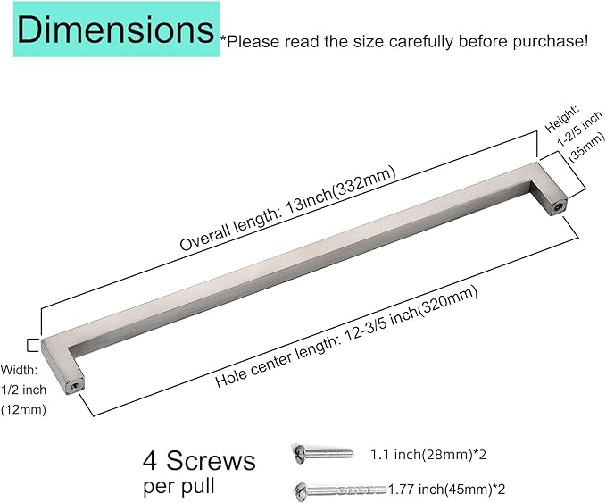 10 Pack Brushed Nickel Drawer Pulls,12-3/5 Inch Satin Nickel Square Cabinet Pulls for Bedroom Cupboard Handles,Modern SUS 304 Stainless Steel Kitchen Cabinet Hardware