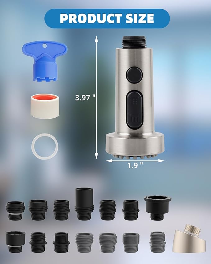 Hibbent Pull Down Kitchen Faucet Head Replacement, 3 Function Sink Faucet Sprayer Head Nozzle with 15 Adapters, Compatible with Moen, American Standard, Delta, Kohler Faucets, Brushed Nickel