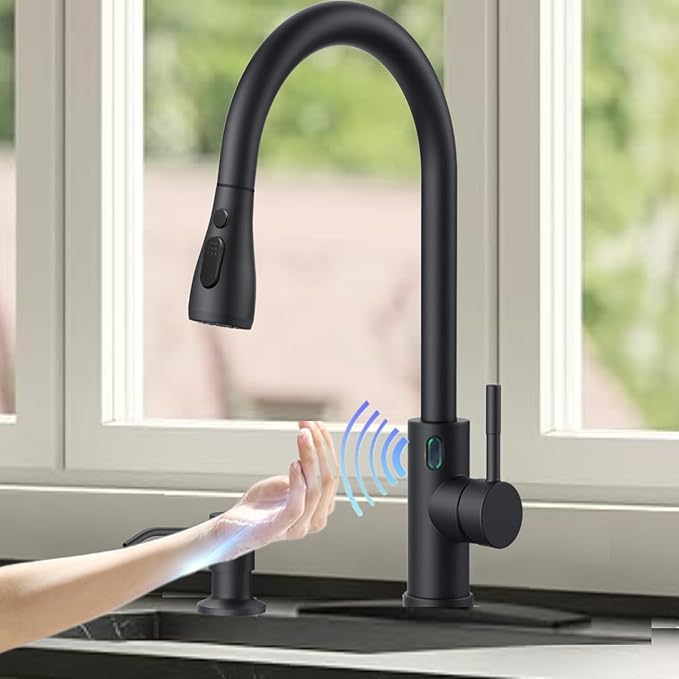 Touch-Less Kitchen Faucet, 3 Modes Pull Down Sprayer, LED Temperature Control,Sensor Activated,Ceramic Valve, 360-Degree Rotation, 1 or 3 Hole Deck Plate. 10-Year Warranty. (KW-78R, Black)