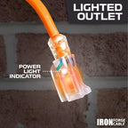 Iron Forge Cable Weatherproof 15 Ft Outdoor Extension Cord - 14/3 SJTW 15 Amp Heavy Duty Orange Extension Cord 3 Prong - Lighted End