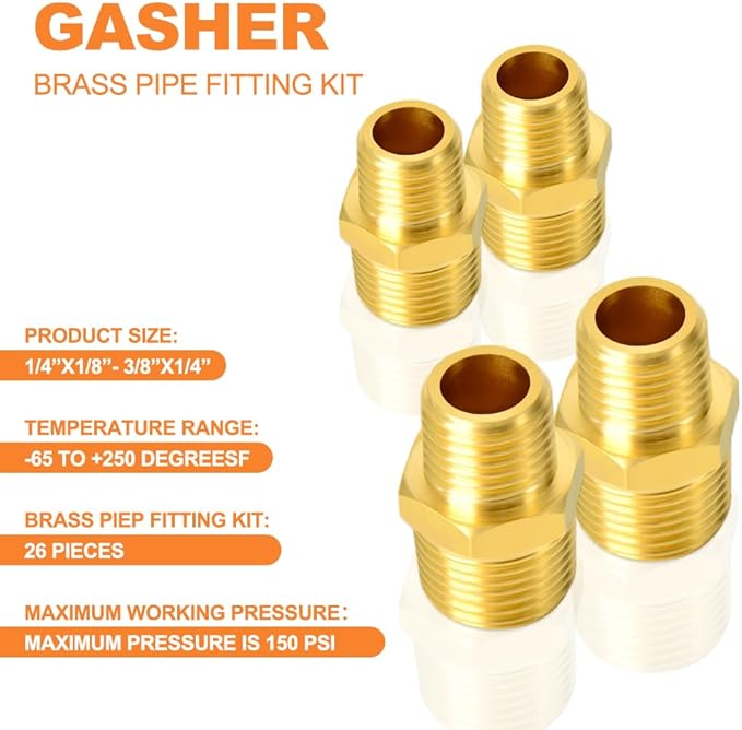 GASHER 26PCS Brass Pipe Fitting Kit, Hex Bushing, Reducer Adapter, Hex Nipple, 90 Degree Barstock Street Elbow