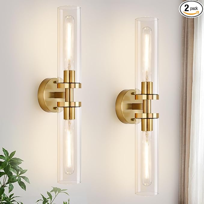 Wall Sconces Set of Two, Hardwired Brushed Gold Bathroom Sconces Wall Lighting with Clear Glass, Modern Sconces Wall Decor Set of 2 Bathroom Light fixtures for Mirror Hallway (Bulbs Not Included)