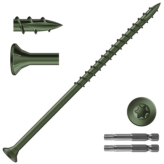 #10 x 4 Inch Deck Screws (510Pcs) 10lb. Exterior Wood Screws. Carbon Steel, Green, Flat Head, Rust Resistant epoxy Coated, with T25 Star Bit