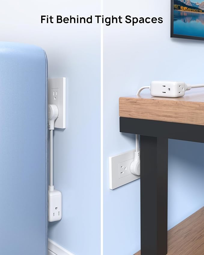 TROND 360° Rotating Flat Plug Outlet Extender Surge Protector with 6 Inch Cable, Small Rotatable Extension Cord, 900 Joules, 3 Way Plug, 15A, Compact for Indoor Home Office Travel Dorm Room, White