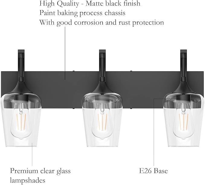 Ralbay Matte Black Vanity Light Fixtures 3-Lights Industrial Black Bathroom Vanity Light with Clear Glass Vintage Edison Bathroom Wall Lighting Fixtures