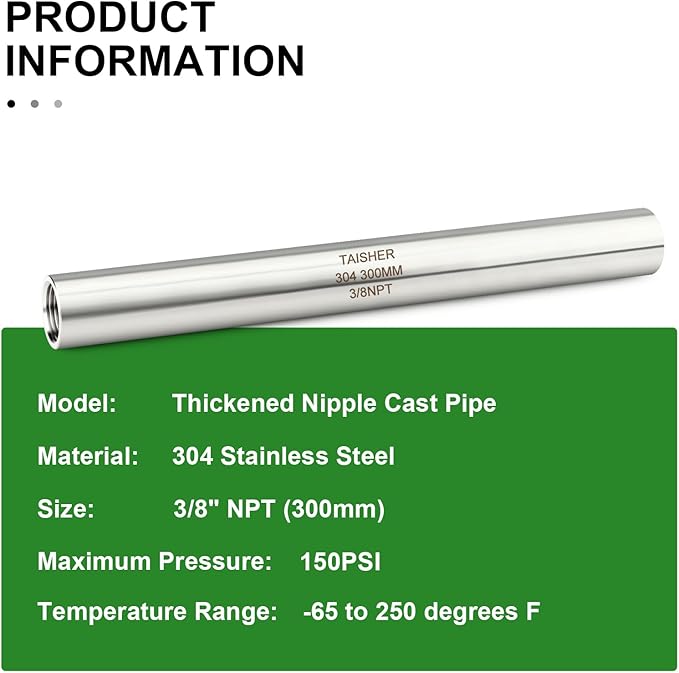 TAISHER 2PCS Stainless Steel Pipe Fittings, 3/8" NPT Female x 3/8" NPT Female Threaded, 12" Length Thickened Nipple Cast Pipe