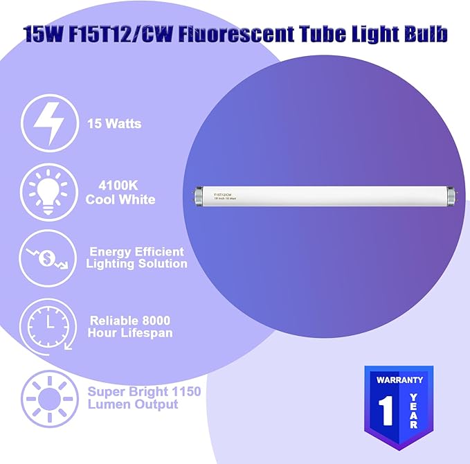 T12 15 Watt Fluorescent Bulb, 18 Inches F15T12/CW Straight Fluorescent Tube, Medium Bi-Pin Base, Cool White 4000K 800 Lumens 4 Pack
