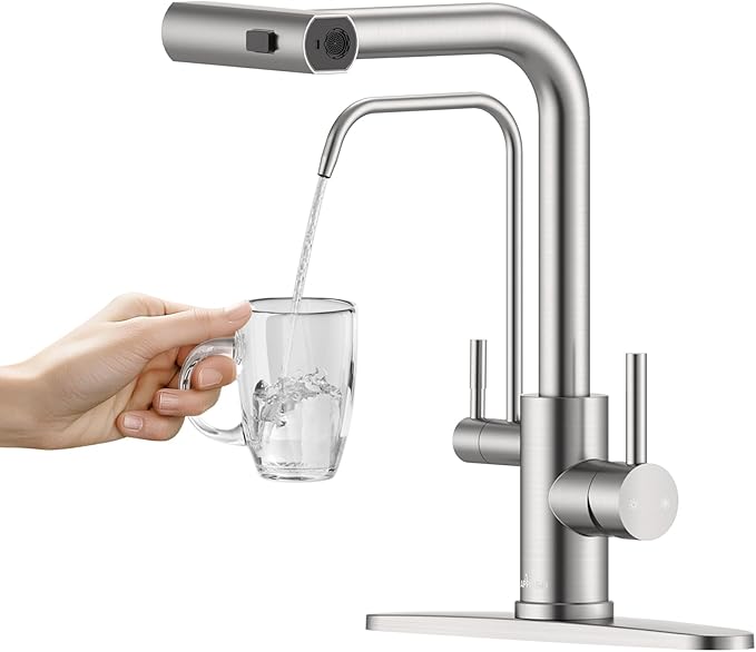 APPASO Waterfall Kitchen Faucet with Water Filter, 2 Handle Kitchen Sink Faucet, Brushed Nickel Kitchen Faucet with Pull Down Sprayer - 3 in 1 Kitchen Sink Faucet (Without Water Filtration Device)