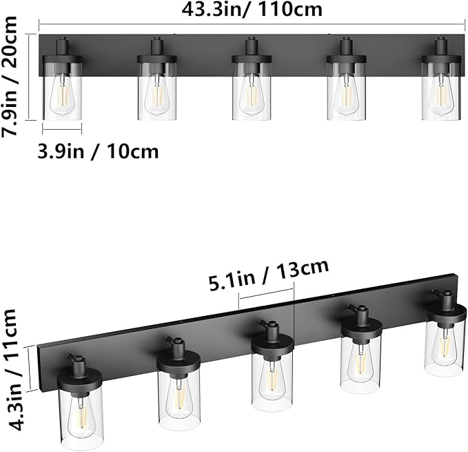 Aipsun Matte Black Bathroom Vanity Light Fixtures 5 Lights Industrial Lighting Fixtures Over Mirror with Clear Glass Shade(Exclude Bulb)