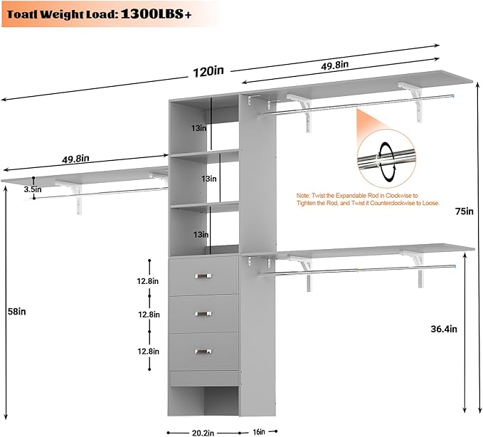 Armocity 120 Inches Closet System, 10FT Walk In Closet Organizer with 3 Shelving Towers, Heavy Duty Clothes Rack with 3 Drawers, Built-In Garment Rack, 120" L x 16" W x 75" H, Max Load 1300 LBS, Grey