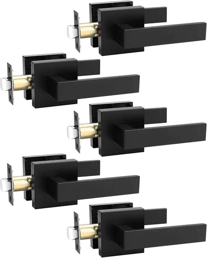 5 Pack Square Black Door Handles Interior, No Lock Passage Door Lever for Left or Right Handing, Heavy Duty Matte Black Closet Door Handle Sets