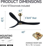 60" Gold and Black Ceiling Fan with Remote Control, Rustic Ceiling Fan without Lights for Indoor/Outdoor - Modern Design, Powerful Airflow, Silent Operation