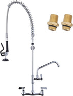 43" Height Commercial Kitchen Sink Faucet with Pre-Rinse Sprayer, 8 Inch Wall Mount Center Sink Faucet with Pull Down Spray Unit, Compartment Sink Faucet with 10" Swivel Spout for Restaurant