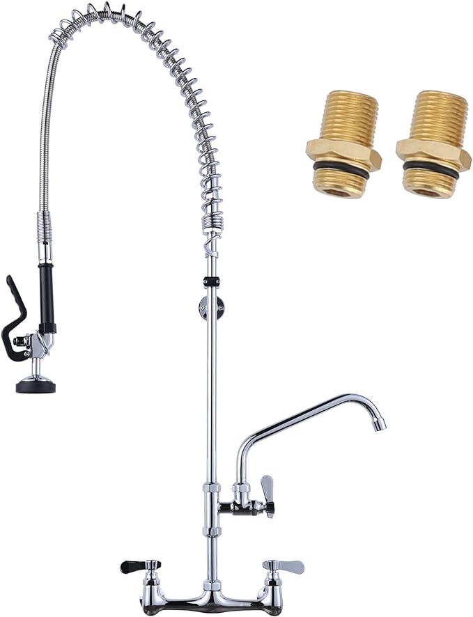 43" Height Commercial Kitchen Sink Faucet with Pre-Rinse Sprayer, 8 Inch Wall Mount Center Sink Faucet with Pull Down Spray Unit, Compartment Sink Faucet with 10" Swivel Spout for Restaurant