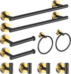 Bathroom Hardware Set Black and Gold，Towel Bar Set Including 2pcs 16inch Towel Bars, 2pcs Toilet Paper Holders, 2pcs Towel Rings and 4pcs Robe Towel Hooks