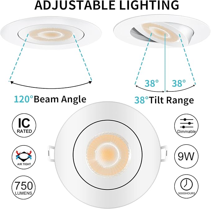 Spot Lights Indoor 4 Inch with Night Light, Outdoor recessed Lighting with Junction Box,9W 750LM Dimmable ETL Listed, Airtight, 5CCT Selectable