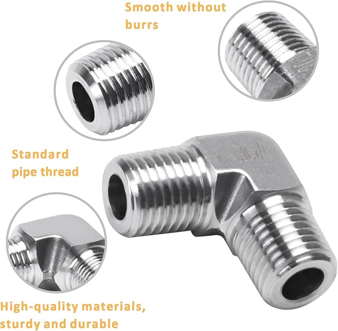 90 Degree Street Elbow - 1/4" NPT Male to 1/4" NPT Male Stainless Steel 304 Heavy Duty Forged Barstock Street Elbow Adapter Pipe Fitting (pack of 2)