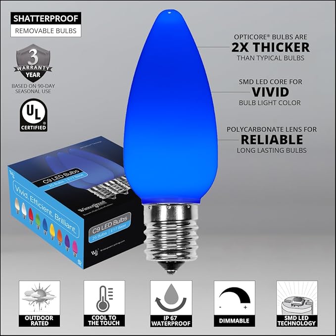 25-Pack OptiCore LED C9 Blue Light Bulbs - Vintage Christmas Light Replacement Bulbs, Smooth Vintage Ceramic Style, E17 Base (Smooth)