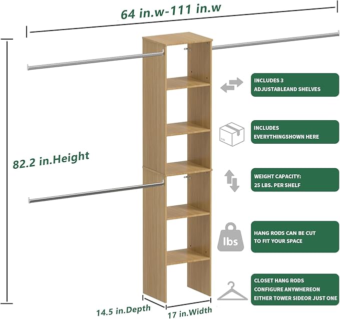 Closet System, 17" Wide Organizer with 3 Hanging Rods, Wood Tower Storage for Walk-In Closets, Wall-Mounted Wardrobe Organizer, Fits Spaces 5-9 ft