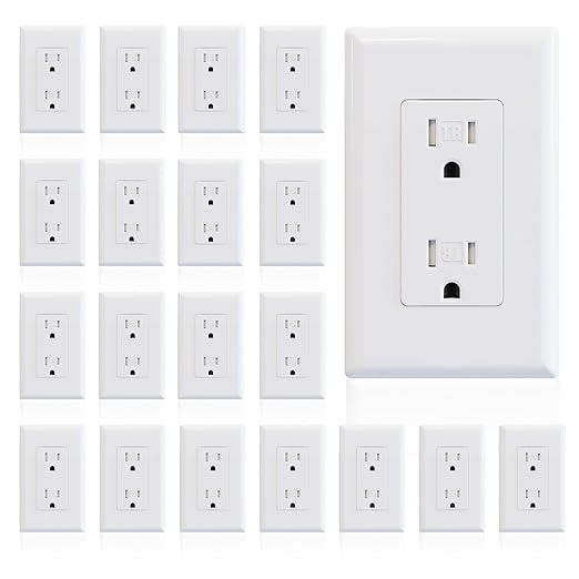 ELEGRP Decorator Wall Receptacle Outlet, Tamper Resistant 15A 125V Standard Electrical Wall Outlet, Residential Grade, Self-grounding, with Screwless Wall Plate, UL (20 Pack, Glossy White)