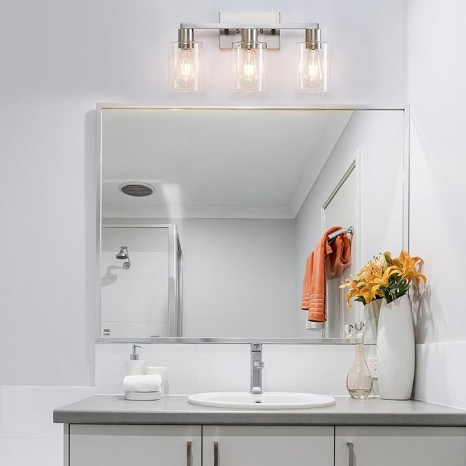 3-Light Vanity Lights,Brushed Nickel Vanity Light,with Clear Glass Shade for Bathroom Light Fixtures, Bathroom Light Fixtures Over Mirror