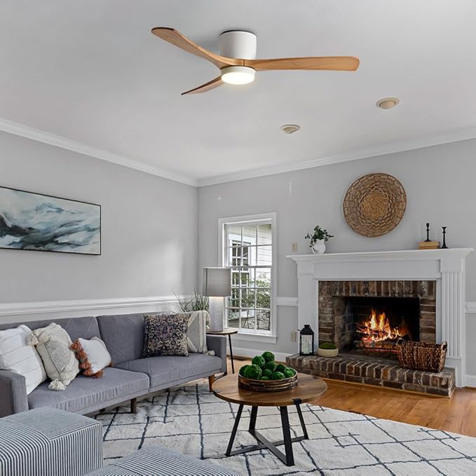 48in Quiet Ceiling Fans with Lights ETL Listed Remote Ceiling Fan Light 6 Gear Wind Speed Ceiling Fans White LED Ceiling Lights Fan Lighting Wooden Blades for Living Room Dining Room Bedroom