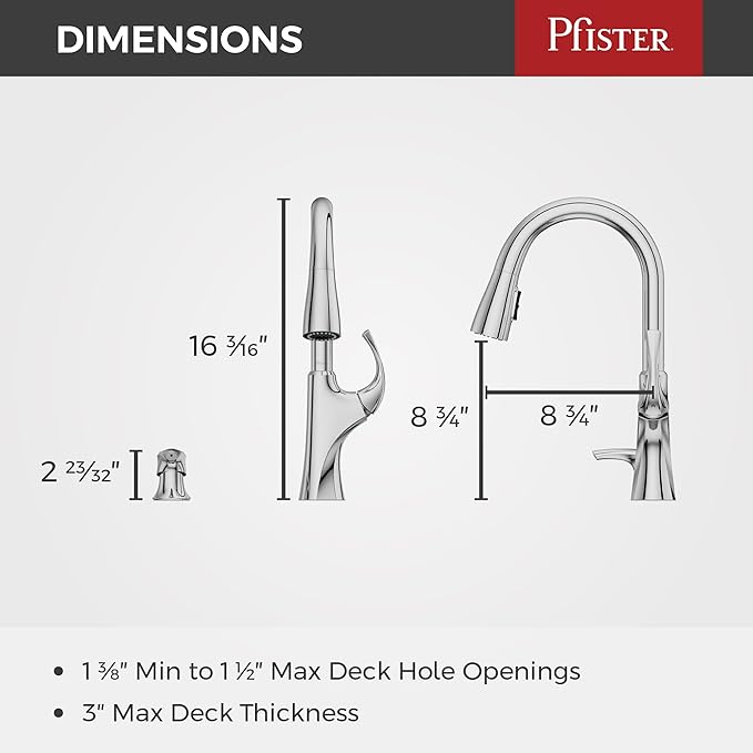Pfister Miri 2.0 Kitchen Faucet with Pull Down Sprayer and Soap Dispenser, Single Handle, High Arc, NSF Certified, Polished Chrome Finish, F5297MRRC