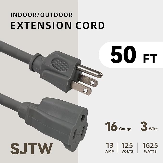 50ft Outdoor Extension Cord for Christmas Decorations- 16/3 Heavy Duty SJTW Waterproof Gray Electrical Cable with 3 Prong Grounded Plug for Safety, Great for Lawn and Major Appliances
