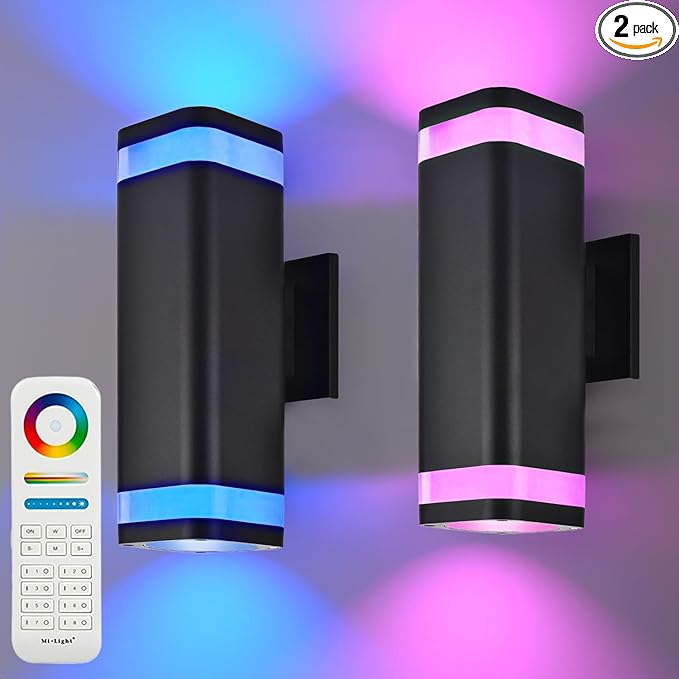 wowlite Smart Up and Down Lights Outdoor 2 Pack, RGBCW Exterior Lighting Fixtures WiFi App Control 2700K-6500K Ambience Wall Sconce Light Color Changing, Black Exterior Lights for House Porch Patio