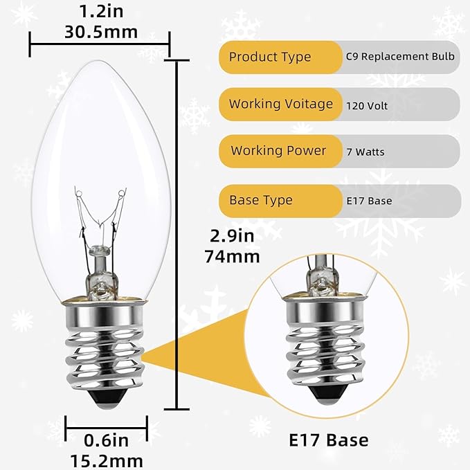 25 Pack C9 Clear Incandescent Replacement Bulbs, C9 Vintage Christmas Lights Outdoor Incandescent Bulbs Fits in C9/E17 Base for Indoor Outdoor Home Party Decorations, 7 Watts Night Light Bulbs