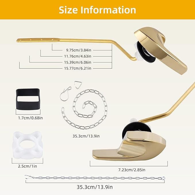 Universal Polished Gold Toilet Handle Replacement Kit, Side/Angle Mount Toilet Flush Handle Compatible with Kohler K-GP30324-CP/TOTO/American Standard, Stainless Steel Flapper Chain