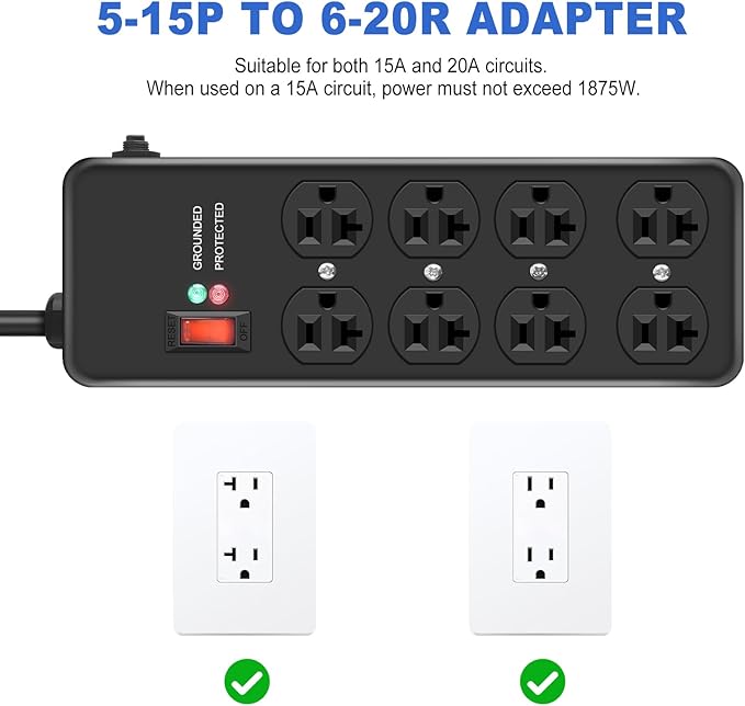 20Amp Power Strip Surge Protector, Durable Metal 8-Outlet with Heavy Duty 20 Amp 6Ft 12 Gauge Extension Cord, for Garage, Workshop & Industrial Use with 6-20R T-Slot Outlets, 4800J