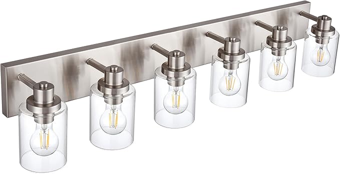 6 Light Vanity Light Brushed Nickel Bathroom Lighting Fixtures Over Mirror, Modern Bathroom Light with Clear Glass Shade, Farmhouse Vanity Lights