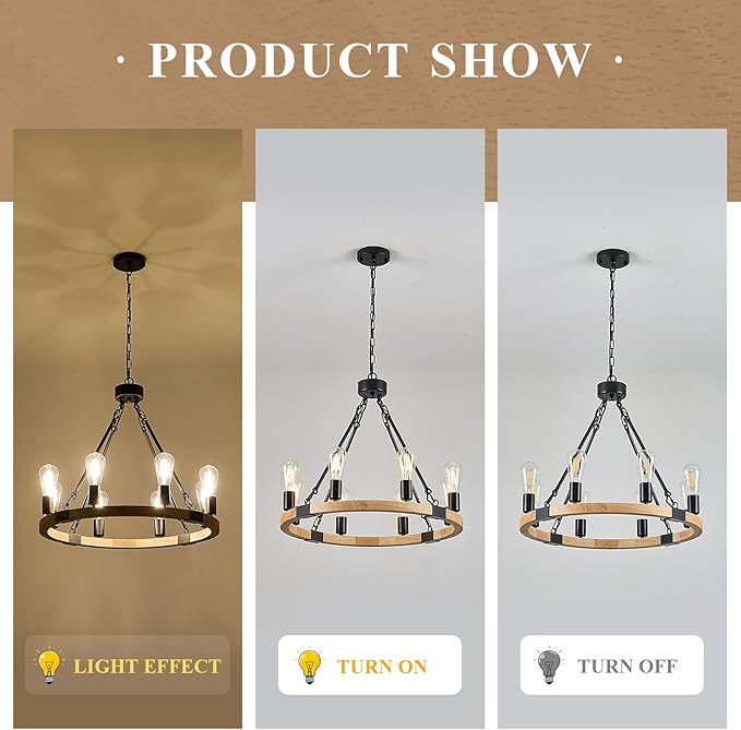 8 Lights Wooden Wagon Wheel Chandelier Natural Farmhouse 23.6'' Black Metal Light Fixtures Rustic Wood Round Chandelier for Living Dining Room Kitchen Entryway Foyer
