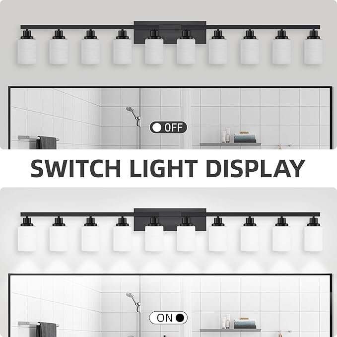 10 Light Bathroom Vanity Lights Over Mirror, 65.4 inch Black Vanity Lights Fixtures with White Glass Shades Matte Black Modern Vanity Lights Black Bathroom Wall Lighting for Mirror Bedroom