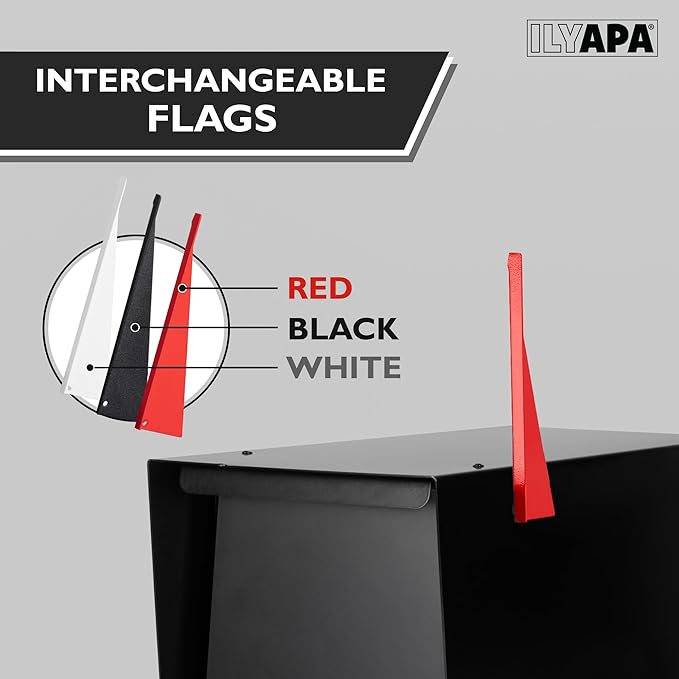 Ilyapa Large Mailbox Post Mount, Corrosion Resistant Powder Coated Black Mailbox, Modern Steel Design Mailboxes for Outside with Recessed Magnetic Close Door