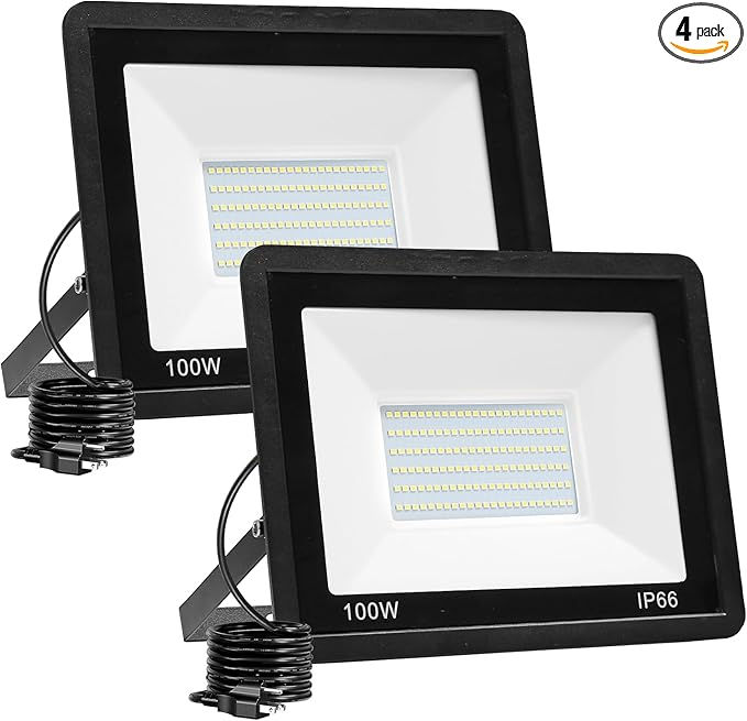 2 Pack 100W LED Flood Light Outdoor,10000LM Work Spotlight with US Plug,6000K Daylight White,IP66 Waterproof Exterior Security Floodlights for Yard,Garden,Backyard,Patio,Stadium,Parking Lot
