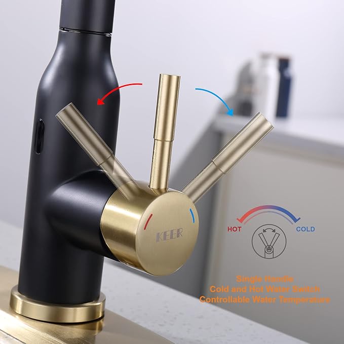 Touchless Kitchen Faucet ， KEER Smart Motion Sensor Hands Free Single Handle Spring Kitchen Sink Faucet with Pull Down Sprayer,Matte Black Gold