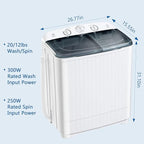 Portable Mini Twin Tub 32lbs Washing Machine With Drying Rack& 10 Hangers, 20lbs Washer & 12lbs Spinner, Small Laundry Washer with Time Control for Camping, Apartments, RV (32lbs)
