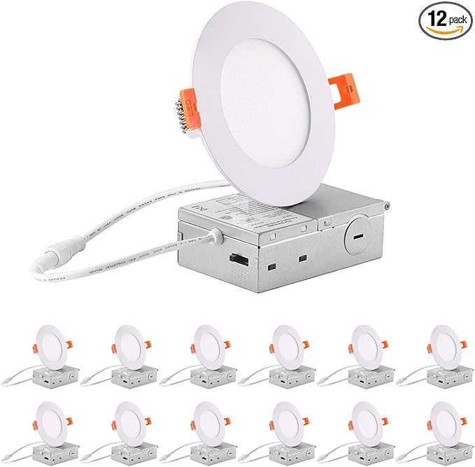 ZYC 4-Inch LED Recessed Lighting - 9W Ultra-Thin LED Ceiling Lights,2700-5000K Selectable,5CCT Dimmable Canless Wafer Downlight,800LM High Brightness,Dimmable Can Lights,Pack of 12 White.