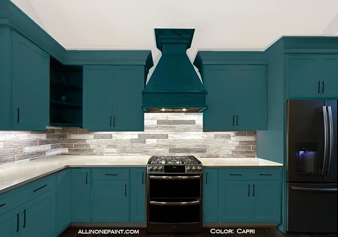 ALL-IN-ONE Paint, Durable cabinet and furniture paint. Built in primer and top coat, no sanding needed. Includes our 30 featured color card - Capri (green teal), Gallon