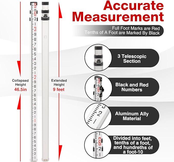 9-Foot Aluminum Grade Rod - 10ths Double-Sided Scale, 3-Section Telescopic Leveling Rod with Bubble Level & Carrying Case for Surveying, Laser Alignment, Walls, Floors