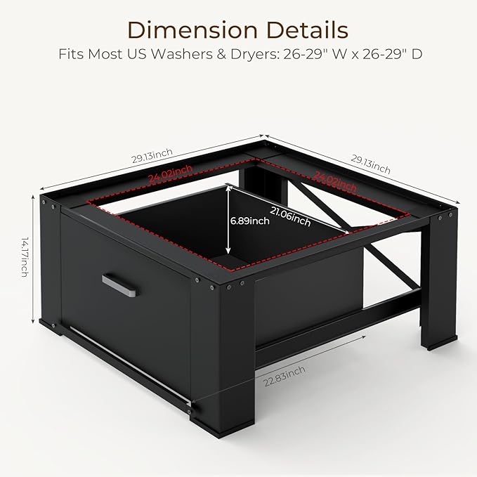 SKM 29" Washer & Dryer Pedestals with Drawer - 2 Pack Laundry Stand Raiser, 14.3" Height, Steel Construction, Black