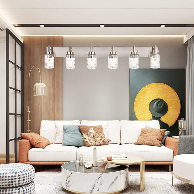 BONLICHT Mid-Century Bathroom Vanity Wall Light with Clear Water Glass, Farmhouse 6 Light Bath Lighting Over Mirror Modern Brushed Nickel Sconce Wall Lamp for Dining Room Dressing Table Vanity Table