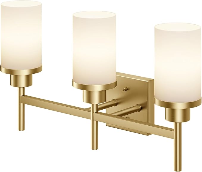 Bathrom Light Fixtures Modern Gold 3 Vanity Lights Over Mirror, Wall Lamps with White Frosted Glass Shade for Toilet Washroom Bath T001GD-L3