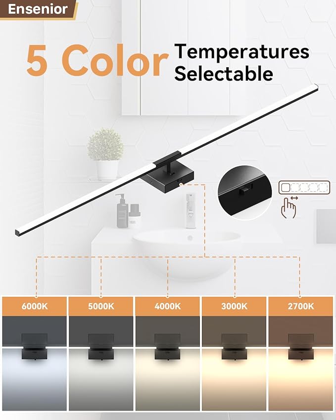 Ensenior Modern Bathroom Vanity Light 48 inch, Built-in Dimmer, 28W Dimmable 5CCT Led Bath Lights, Black Bar Vanity Lights for Bathroom Mirror Cabinets Bedroom-FCC Certificated
