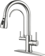 FORIOUS Kitchen Faucets with Water Filter, 2 in 1 Stainless Steel Pull Down Sink Faucet and Purfied Water Faucet High Arc Single Handle with Detachable Deck for 1 or 3 Hole, Brushed Nickel