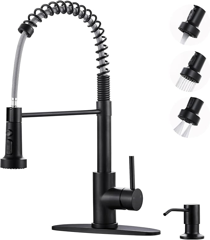 Black Kitchen Faucet with Soap Dispenser: 3-Function Kitchen Faucet with Pull Down Sprayer - Stainless Steel Single Handle Sink Faucet with Deck Plate for Farmhouse Laundry