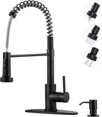 Black Kitchen Faucet with Soap Dispenser: 3-Function Kitchen Faucet with Pull Down Sprayer - Stainless Steel Single Handle Sink Faucet with Deck Plate for Farmhouse Laundry