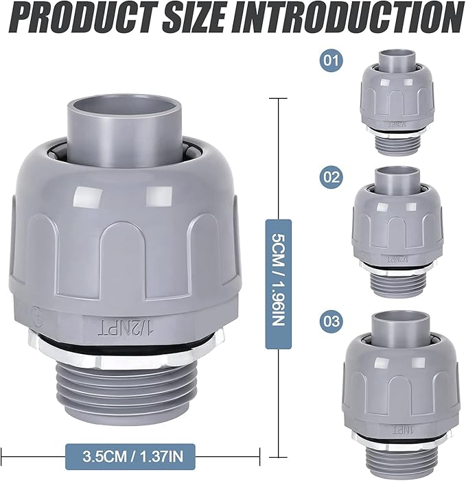 Liquid Tight Connector 1/2 in - Non-Metallic Electrical Conduit Fittings, UL Listed PVC Conduit Fitting (Straight, 64 Pack), Gray
